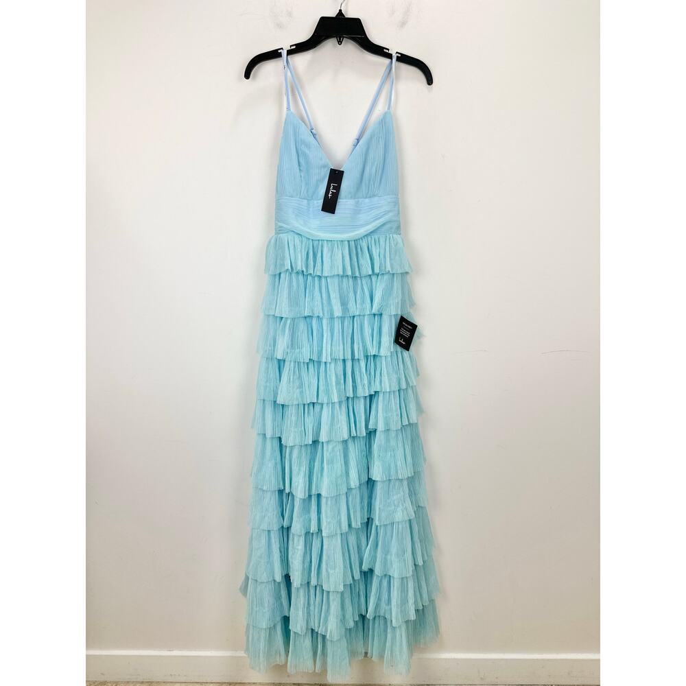 Lulus Radiant Event Light Blue Mesh Tiered Pleated Backless Maxi Dress Large NWT - Picture 5 of 11